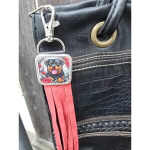 Handmade boho Rottweiler dog lover Leather Fringe Western bag charm keychain
